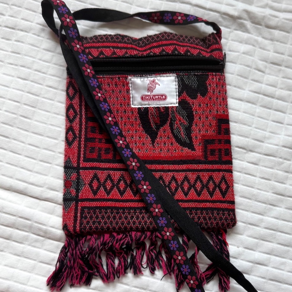 Fun, Pretty, Colorful Tiki Turtle embroidered cloth shoulder bag with fringe